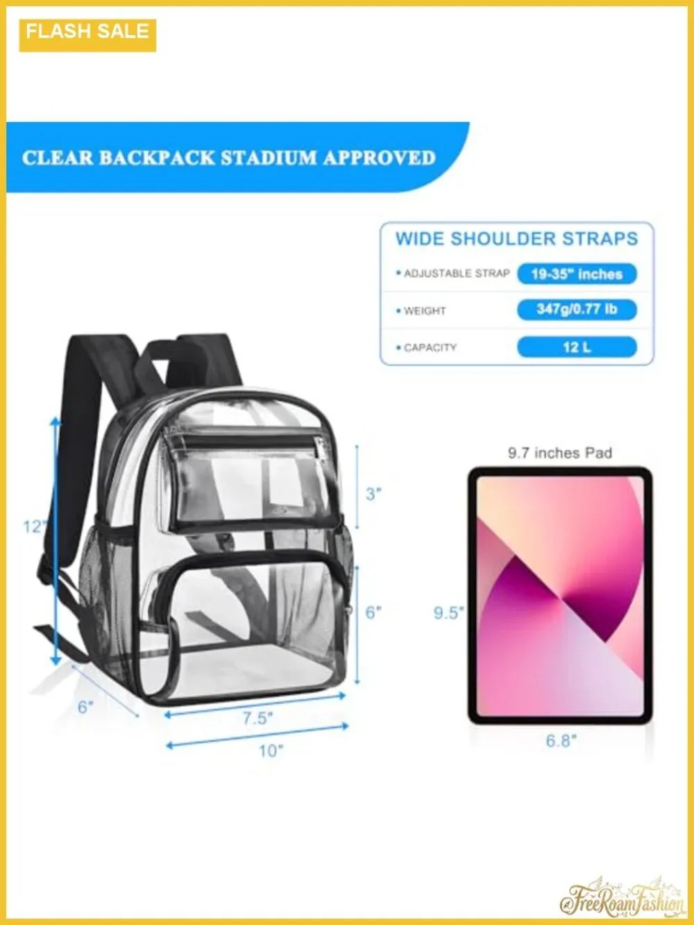 Clear Backpack Stadium Approved 12x6x10 Water-Resistant PVC Daypack for